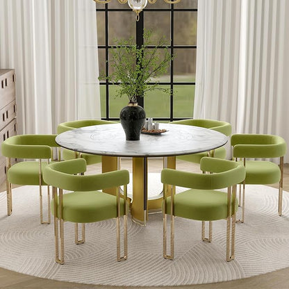 Hyfirm Green and Gold Modern Dining Chairs Set of 6, Velvet Upholstered Barrel Armchairs with Metal Legs for Kitchen Island, Mid Century Accent Chairs for Dining Room Living Room, Open-Back