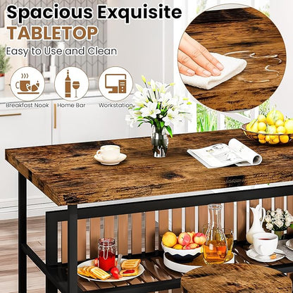DKLGG 3 Piece Dining Table Set for 2,Kitchen Island with Seating & Storage,Industrial Bar Table and Chairs Set,Space-Saving Pub Table Set for Small Space (Rustic Brown)
