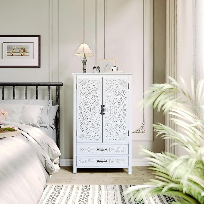 KEIKI 48'' French Country Sideboard Cabinet with Storage,Carved Doors & 2 Drawer,3 Compartments,Vintage Farmhouse Pantry Credenza for Kitchen,Living Room,Dining Room,Entryway,White