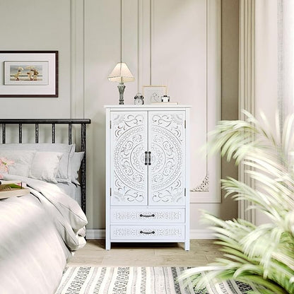 KEIKI 48'' French Country Sideboard Cabinet with Storage,Carved Doors & 2 Drawer,3 Compartments,Vintage Farmhouse Pantry Credenza for Kitchen,Living Room,Dining Room,Entryway,White