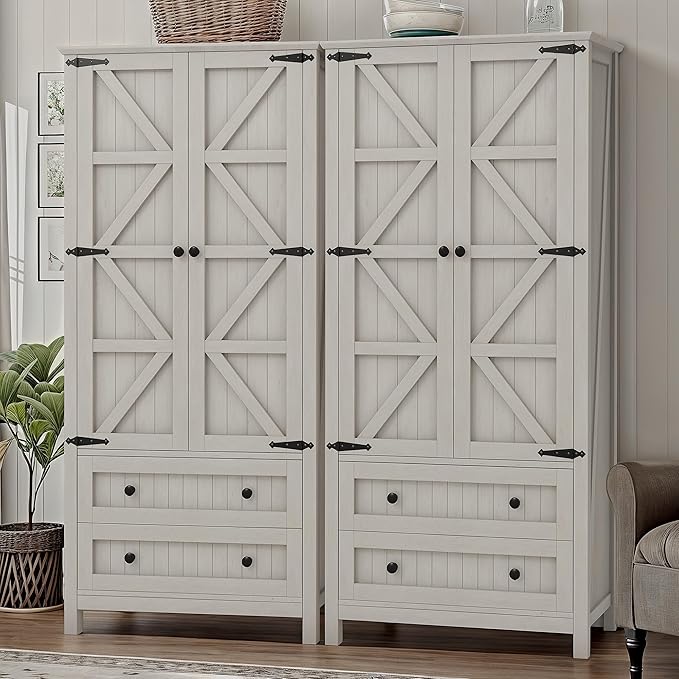 YITAHOME Farmhouse Kitchen Pantry Cabinet, 64.5" Tall Storage Cabinet with 2 Drawers & Adjustable Shelves, Ideal for Kitchen, Living Room, or Entryway, White