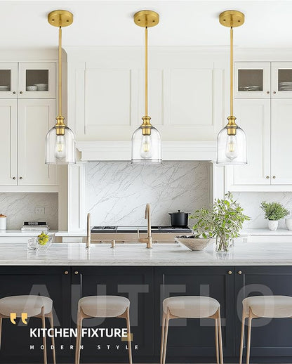 AUTELO 2-Pack Brushed Gold Pendant Lights Kitchen Island, Island Pendant Lights for Kitchen with Clear Cylinder Glass, Glass Pendant Lights with Adjustable Rods, H2511 CLBG 2PK