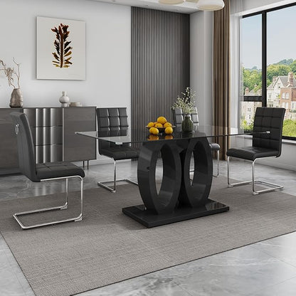 5-Piece Glass Dining Table Set, 63" Black Kitchen Table with O-Shape MDF Base, Dining Room Set for 4 with 4 Leather Upholstered Chair for Kitchen, Dining Room (Black,Silver)