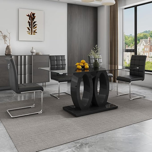 5-Piece Glass Dining Table Set, 63" Black Kitchen Table with O-Shape MDF Base, Dining Room Set for 4 with 4 Leather Upholstered Chair for Kitchen, Dining Room (Black,Silver)