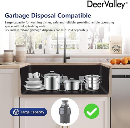 DeerValley Black Farmhouse Sink for Kitchen 33 inch, Fireclay Farmhouse Single Bowl Kitchen Sink, Front Apron Workstation Sinks with Grid, Strainer & Workstation Accessories