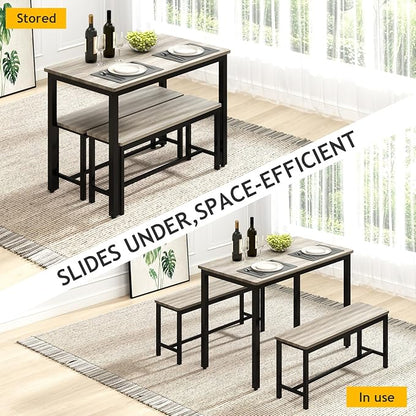 Rovibek Dining Table Set for 4 with 2 Benches – Space-Saving Kitchen Table Set for Kitchen & Dining Room, Grey