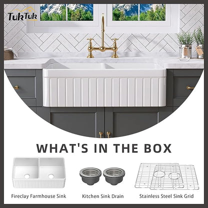 TUKTUK Farmhouse Sink 33 x 18 Inch 50/50 Fireclay Apron Front Farm House White Kitchen Sink Double Bowl Undermount Reversible Heavy Duty Porcelain Kitchen Basin with Modern Accessory Kit