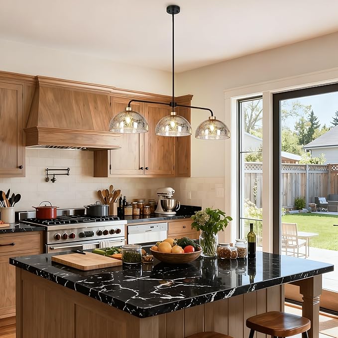 KSANA Kitchen Island Lighting, 3 Light Linear Chandelier with Mercury Dome Glass 44" Large Mid-Century Modern Pendant Light Black and Gold Chandelier for Dining Room