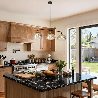 KSANA Kitchen Island Lighting, 3 Light Linear Chandelier with Mercury Dome Glass 44" Large Mid-Century Modern Pendant Light Black and Gold Chandelier for Dining Room