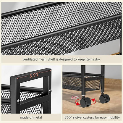 ThreeHio 6 Tier Slim Storage Cart, Narrow Cart with Wheels, Metal Mobile Shelving Unit Organizer for Kitchen, Bathroom, Laundry Room, Living Room & Narrow Spaces, Black, 6in(W)
