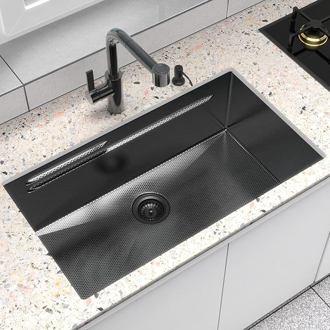 33inch Undermount Kitchen Sink Metal Black - Feibus 33x19x10 with Double Step Workstation 16 Gauge Honeycomb Embossment Stainless Steel Single Bowl