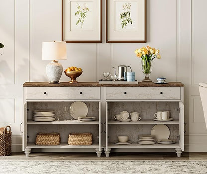 WAMAPT Modern Buffet Cabinet with 4 Doors and 2 Drawers, Large Coffee Bar Table Wood Kitchen Storage Cabinets, Farmhouse Sideboard Credenza for Dining Room, Rustic White