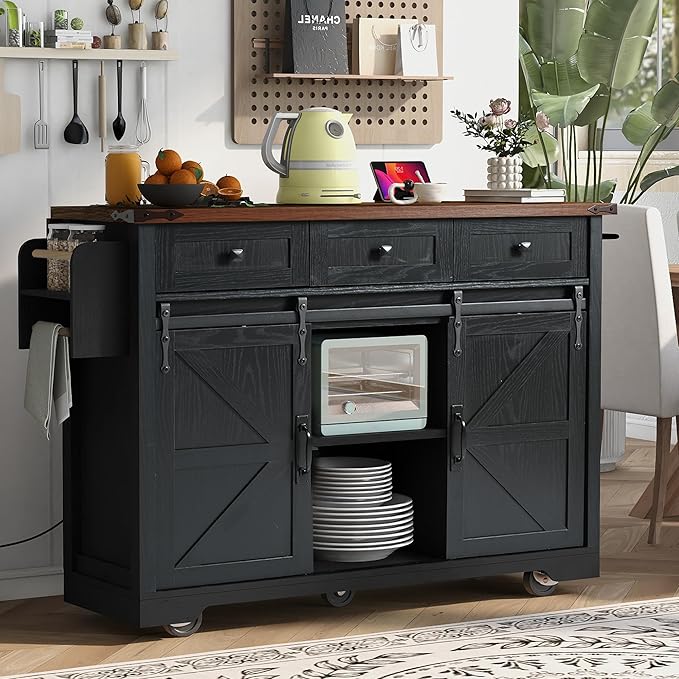 YOPTO Farmhouse Kitchen Island Cart With Power Outlet & 2 Sliding Barn Doors, Rolling Storage Island W/Drop Leaf Spice Rack and 5 Universal Wheels, for Home and Dining Room, Black, 53.7"