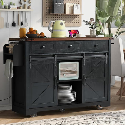 YOPTO Farmhouse Kitchen Island Cart With Power Outlet & 2 Sliding Barn Doors, Rolling Storage Island W/Drop Leaf Spice Rack and 5 Universal Wheels, for Home and Dining Room, Black, 53.7"