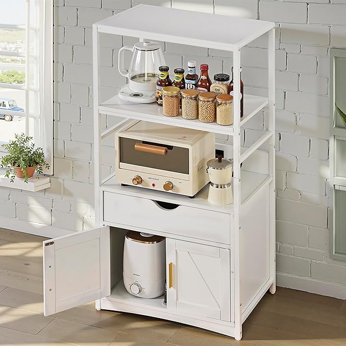 VECELO 2-Tier Kitchen Pantry Storage Cabinet with Charging Station, Freestanding Tall Cupboard with Wider and Taller Microwave Space, Farmhouse Style with Shelves and Drawer,White
