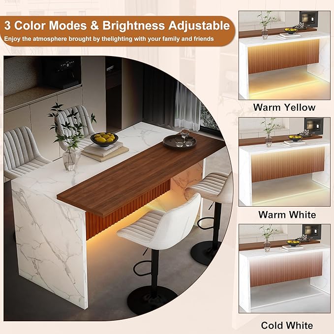 Runboll 63" Large Island Table Set with 4 Bar Stools, Modern Faux Marble Dining Table Set with Multi-Color LED Lights, Kitchen Island with Grille Design for Dining Room, Home, Office, Living Room