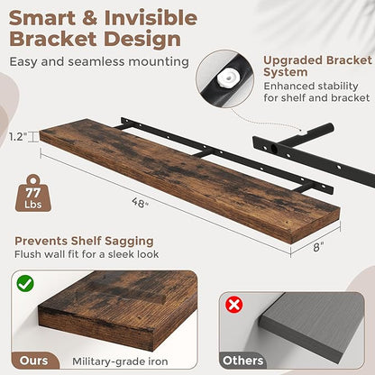 48 Inch Floating Shelves for Wall Set of 2, 8"D Wood Grain Bathroom Shelves with Invisible Brackets, Easy Install Engineered Wood Storage Shelves for Kitchen, Living Room, Bedroom, Rustic Brown Finish