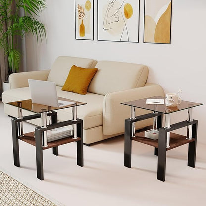 Set of 2 Glass End Table, 2-Layer Glass Living Room Table, Modern Tea Table Side Tables for Home Office Furniture