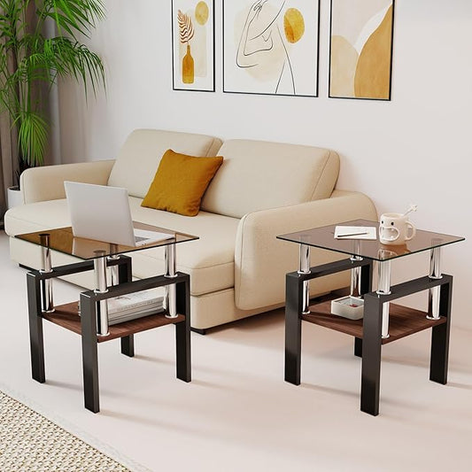 Set of 2 Glass End Table, 2-Layer Glass Living Room Table, Modern Tea Table Side Tables for Home Office Furniture