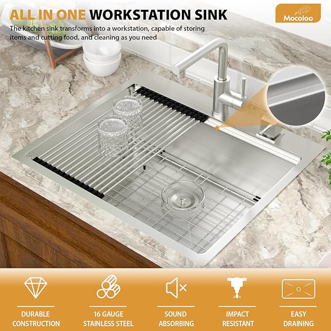 Mocoloo 25 Inch Kitchen Sink with Faucet, 16 Gauge Drop in Workstation Sink - 25x22x9" Stainless Steel Single Bowl Small Rv Kitchen Sink with Pull-Out Faucet