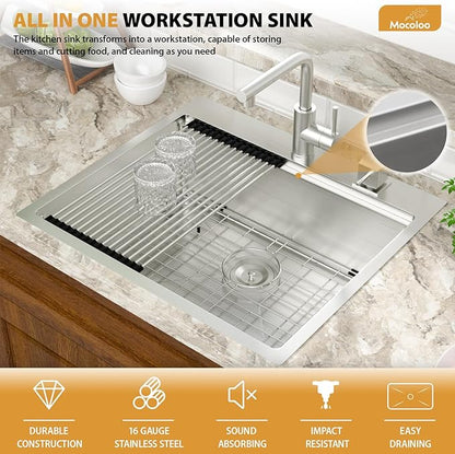 Mocoloo 25 Inch Kitchen Sink with Faucet, 16 Gauge Drop in Workstation Sink - 25x22x9" Stainless Steel Single Bowl Small Rv Kitchen Sink with Pull-Out Faucet