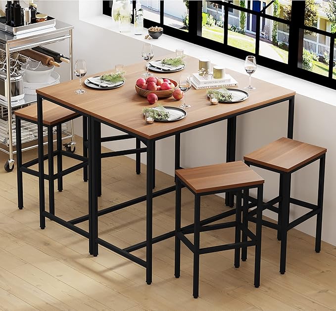 Yongchuang 3 Piece Bar Table Set, Bar Table and Chairs Set of 2, Modern Counter Height Table with 2 Stools for Kitchen, Dining Room, Living Room Breakfast Table Industrial Brown Wood Top