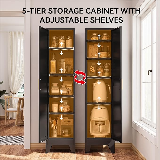 67" Tall Storage Cabinet with Reversible Doors and Adjustable Shelves,Metal Slim Freestanding Cabinet for Bathroom Kitchen Garage Small Spaces,Black,1 Pack