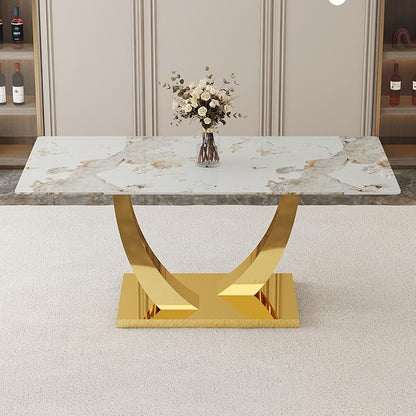 Faux Marble Dining Table, 71" Dining Room Table with Rectangular Tempered Glass Top for 6-8, Modern Kitchen Table with Golden U-Shaped Base, Contemporary Kitchen Dining Room Furniture