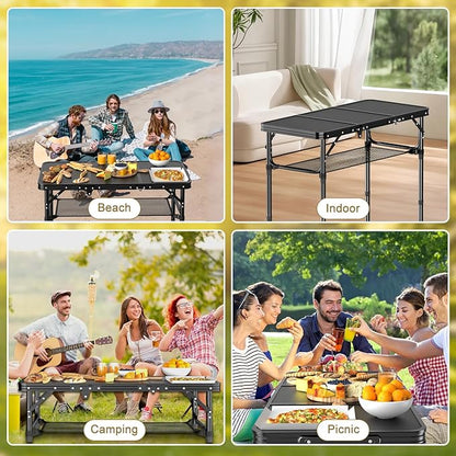 Folding Camping Table, 3 FT Folding Portable Camping Table, Outdoor&Indoor Picnic Table with 3 Adjustable Height Max 27.1",Lightweight Aluminum Camping Tables, Car Camping Essentials-Pure Black