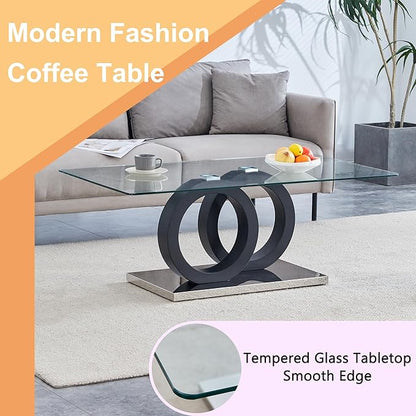 Glass Coffee Table for Living Room, 47" Modern Rectangle Coffee Tables with Tempered Glass Top and Unique Wooden Base, Clear Center Table for Living Room, Apartment, Office