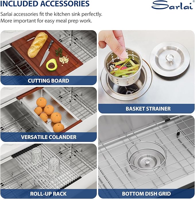 Sarlai 36 Farmhouse Kitchen Sink Double Bowl - 36 x 22 Inch Farm Sink Stainless Steel Apron Front 16 Gauge Ledge Workstation Sinks Low Divide 50/50 Double Basin Under Counter Kitchen Farmer Sinks