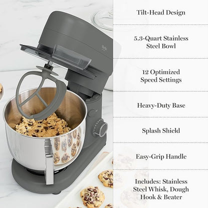 Martha Stewart Stand Mixer, 12 Speed, Tilt-Head, 5.3QT Stainless Steel Bowl, Splash Guard with Pour Chute, Whisk, Dough Hook, Flat Beater, Electric Kitchen Baking Mixer, Bread, Cake, Whip, Caviar Gray