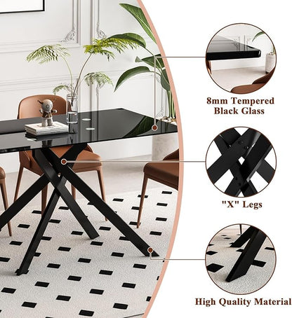 51.2'' Glass Dining Table for 4, Rectangular Dining Room Table for 4, X-Shape Black Metal Legs, Kitchen Dining Room Living Room Black Glass Top Kitchen Table for 2