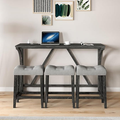 Polibi Farmhouse Counter Height Dining Set - Bar Table and Chairs, Wood Dining Table with Power Outlet and 3 Upholstered Stools for Breakfast Nook, Living Room, Black