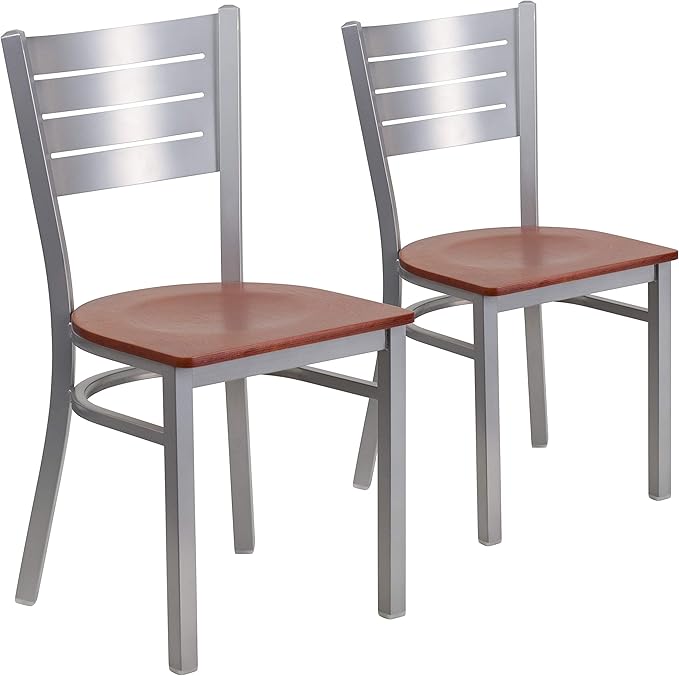 Flash Furniture 2 Pk. HERCULES Series Silver Slat Back Metal Restaurant Chair - Cherry Wood Seat