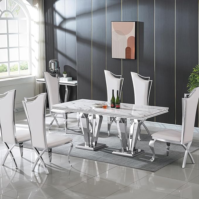 Modern Dining Table for 6-8, 68 Inch White Marble Kitchen Table with Silver Mirrored Dimaond Design Legs, Luxurious Rectangular Faux Marble Dining Room Table for Dining Room,Living Room