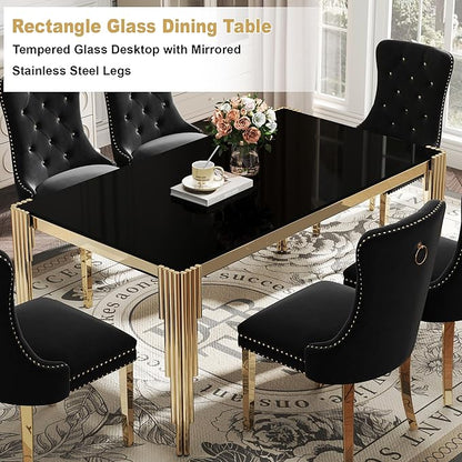 Modern Rectangle Glass Dining Table, 65" Black Tempered Glass Desktop with Gold Mirrored Stainless Steel Legs, Stylish Elegant for 6 People, for Kitchen, Living Room, Office