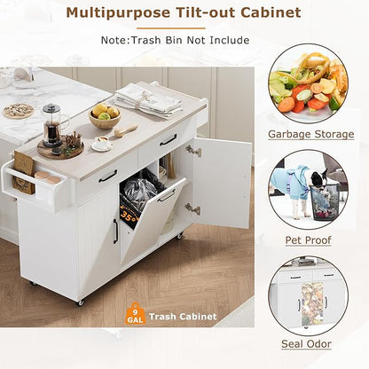 Ball & Cast Kitchen Island with Trash Can Storage Cabinet,Kitchen Cart W/Drop Leaf,Spice Rack,Towel Rack and Drawers,Rolling Kitchen Islands on Wheels W/Adjustable Shelf for Dining Room,White Oak