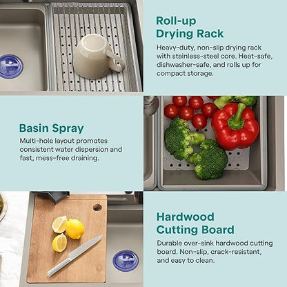 SereneLife Stainless Steel Kitchen Sink | Undermount & Drop-In Installation |13 Gauge & 30"L x 18"W x 9"H IN | Includes Faucet, Drain Rack, Strainer Basket, Cutting Board & Cup Washer | Gray