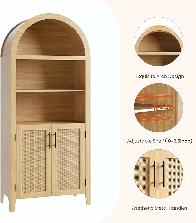 Garvee Arched Kitchen Pantry Storage Cabinet - 5-Tier Open Display Shelf with Rattan Decor, Farmhouse Storage Cabinet for Kitchen, Dining Room, Living Room, Natural