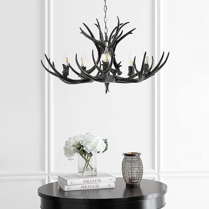 JONATHAN Y 30" Black Rustic Resin Antler 5-Light LED Chandelier, Farmhouse Faux Deer Horn Hanging Ceiling Light for Dining Room, Kitchen Island, Adjustable Light Fixture (JYL6300C)