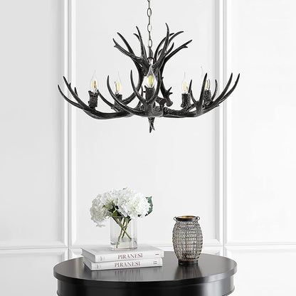 JONATHAN Y 30" Black Rustic Resin Antler 5-Light LED Chandelier, Farmhouse Faux Deer Horn Hanging Ceiling Light for Dining Room, Kitchen Island, Adjustable Light Fixture (JYL6300C)