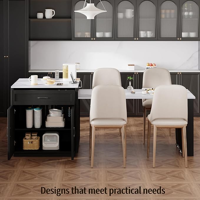 82.7"-56" Kitchen Island with Extendable Dining Table, Faux Mable Kitchen Cart with Power Outlet, Double-Sized Storage, Rolling Kitchen Table with Storage 2 Drawers 2 Side Open Shelves, Black
