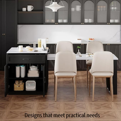82.7"-56" Kitchen Island with Extendable Dining Table, Faux Mable Kitchen Cart with Power Outlet, Double-Sized Storage, Rolling Kitchen Table with Storage 2 Drawers 2 Side Open Shelves, Black