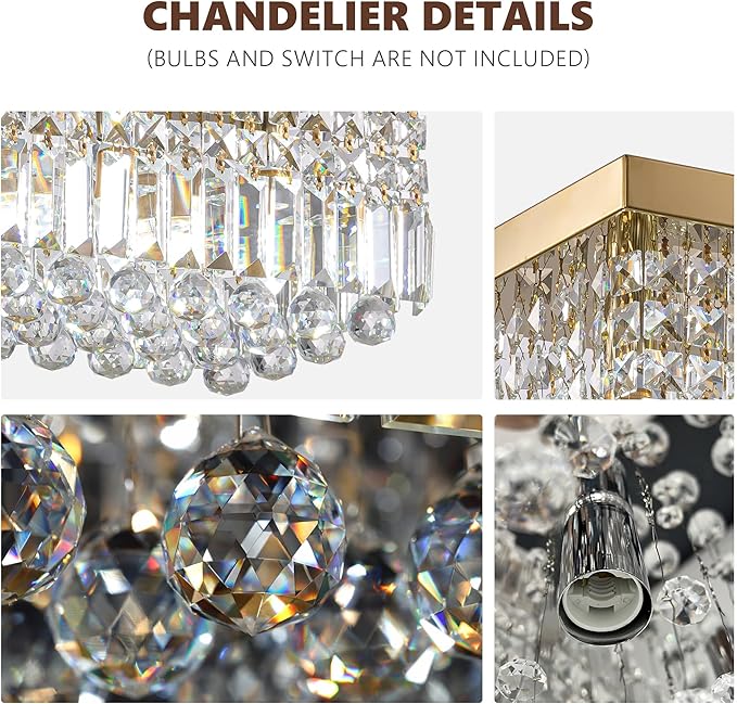 Gold Chandeliers,10-Lights Modern Crystal Chandelier, Rectangular Flush Mount Chandelier,Pendant Light Fixture for Dining Room Kitchen Room Bedroom Bathroom Hotel