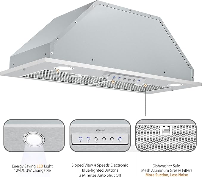Awoco 11-3/4"D Built-in/Insert Stainless Steel Range Hood, 4-Speed, 600 CFM, LED Lights, Mesh Filters for Wood Hood (28"W 12"D Mesh Filters)