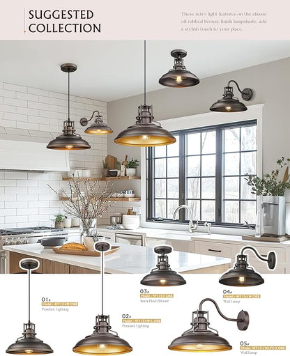 FEMILA 18" Outdoor Pendant Lights for Porch, Farmhouse Pendant Light, Barn Vintage Hanging Light Fixture for Kitchen Island, Adjustable Height,Oil Rubbed Bronze Finish, 4FY15-MP-L ORB