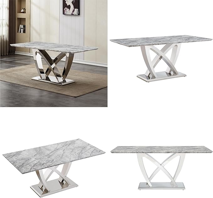 70" Faux Marble Dining Table for 6-8 People, Modern Rectangular Kitchen Table with Gold Mirror Finish Stainless Steel Base, Large Dining Room Table (Silver + Grey, Type2 + 70" Rectangle)