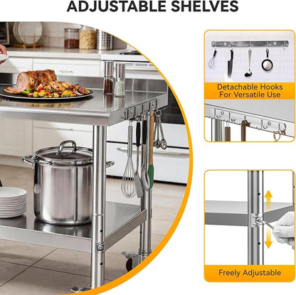 DWVO 30x24in Stainless Steel Table, NSF Metal Prep Worktable with Backsplash & Wheels for Kitchen Restaurant Hotel Garage Warehouse Home