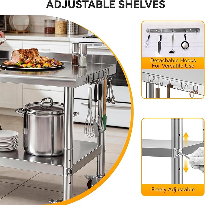 DWVO 36x24in Stainless Steel Table, NSF Metal Prep Worktable with Backsplash & Wheels for Kitchen Restaurant Hotel Garage Warehouse Home